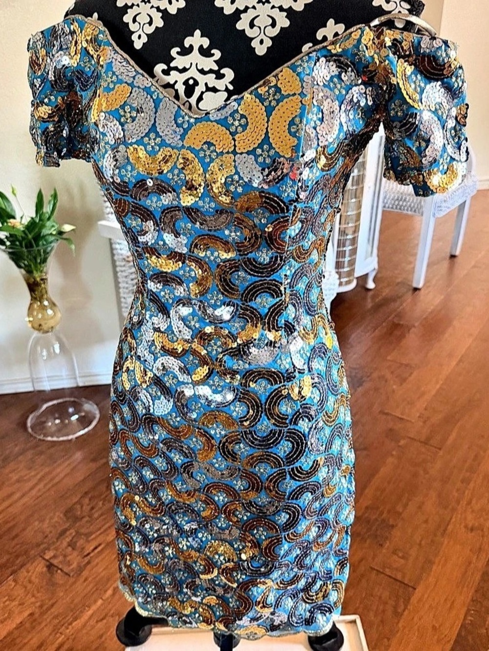 Vintage Blue & Gold Mini Dress